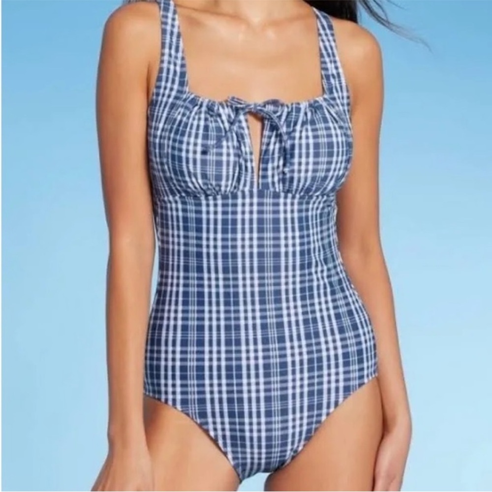 Kona Sol Blue Check Plaid One-Piece Swimsuit w/Adjustable Straps &Sewn-in Cups